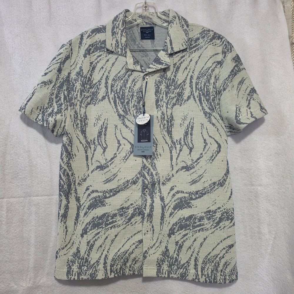 Steel & Jelly Mens Relaxed Fit Abstract Marble Knit Shirt Blue White NWT